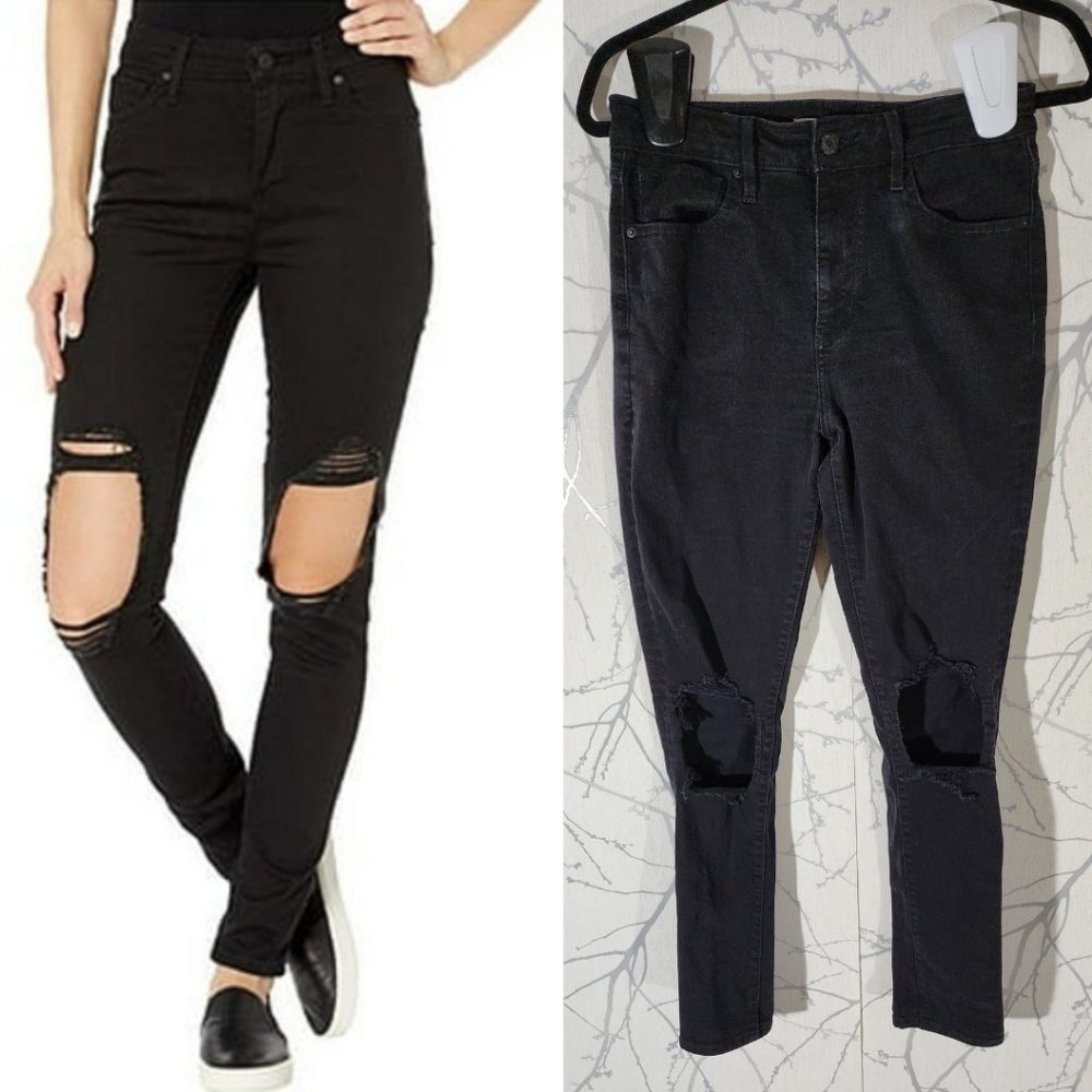 Levi's 721 Black Wash High Rise Skinny Jeans w/ Ripped Knees